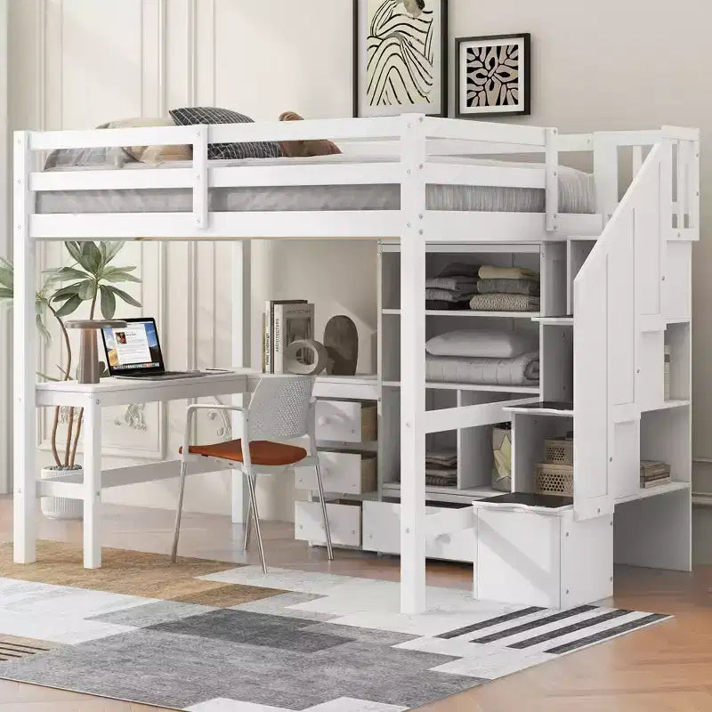 Hochbett in Twin-Größe mit L-förmigem Schreibtisch, 3 Schubladen, Schrank, Treppenstauraum, aus massivem Kiefernholz/MDF gefertigt