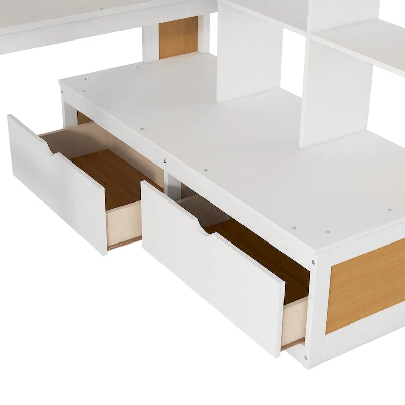 Dachbodenbett aus Massivholz (Natur+Weiß) mit Schreibtisch und Schubladen