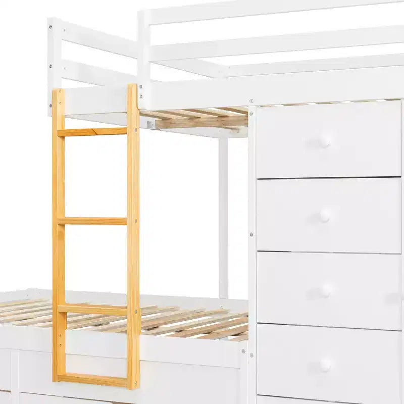 Etagenbett „Full-over-Full“ mit Kleiderschrank und Schubladen, platzsparendes Etagenbett aus Holz in voller Größe mit Rausfallschutz für Apartment, Schlafzimmer