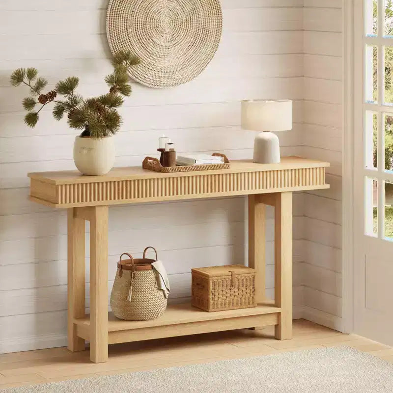 Geriffelter Konsolentisch aus Holz, Bauernhausstil, 2 Etagen mit Ablagefach, rechteckiger schmaler Eingangstisch, hinter dem Sofa, für Foyer, Flur, Wohnzimmer