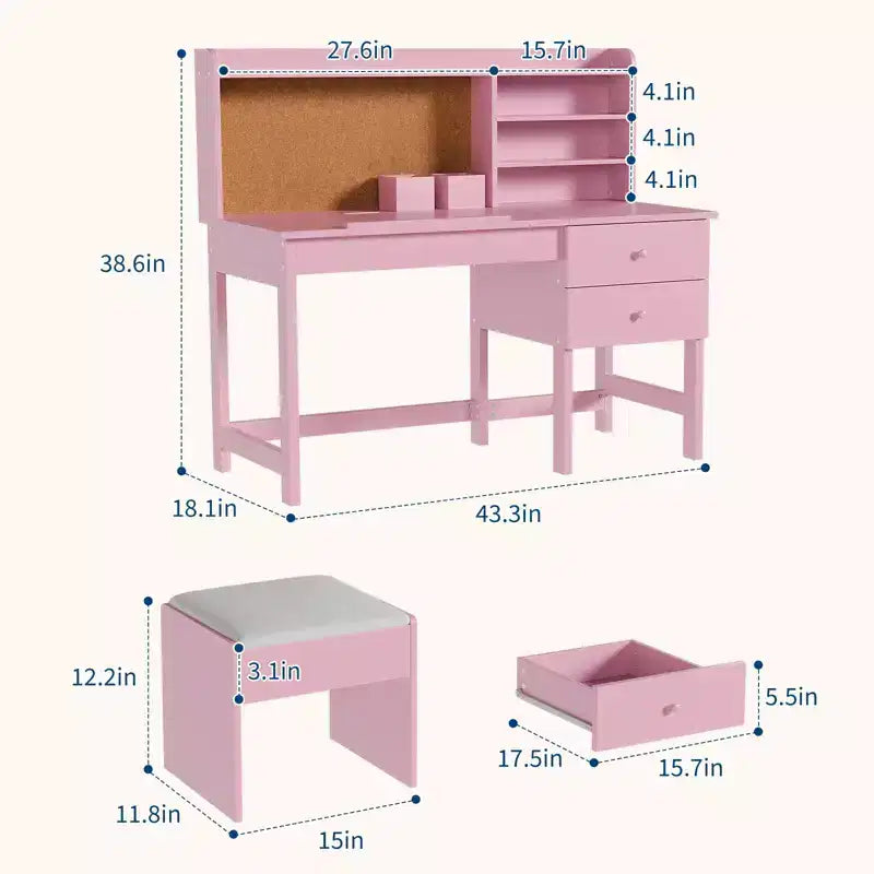 Kinder Schreibtisch und Stuhl Set, Holz Lerntisch mit verstellbarer Neigungsplatte, Schubladen & Korktafel - Schul-Lernschreibtisch Set für Kinder