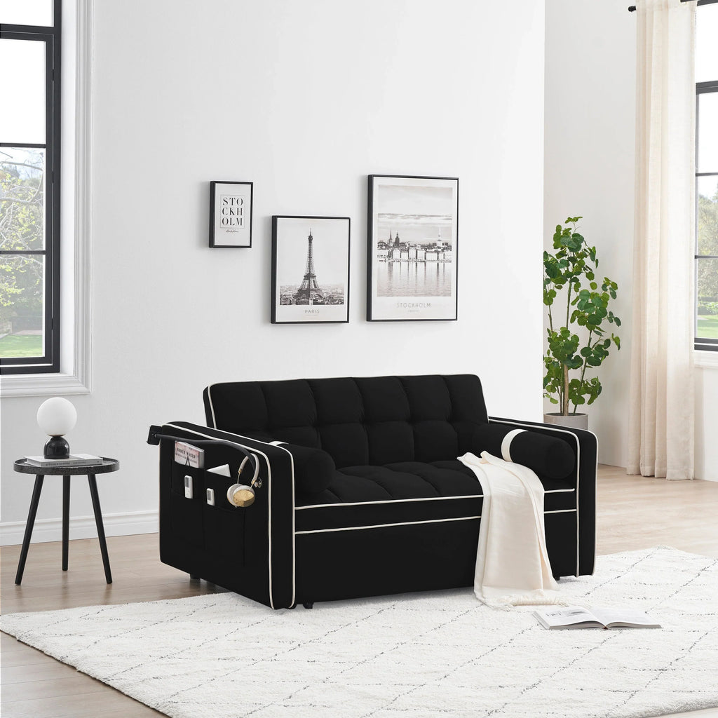 Samt-Schlafsofa zum Umbauen, 140 cm, 2-Sitzer, mit Ausziehbett, verstellbarer Rückenlehne, Seitentaschen und Handyhalterung