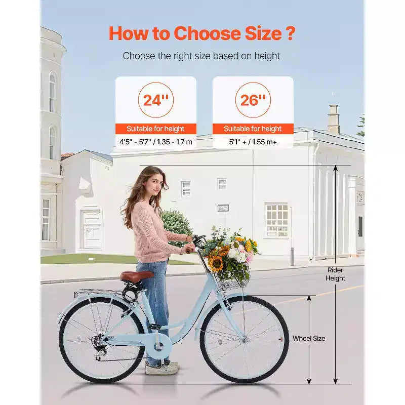 VEVOR Cruiser Bike, 7-Gang, 26-Zoll Hellblaues Beach Cruiser Fahrrad mit großem Korb und Gepäckträger, sicheres & robustes Cruiser Bike, Hellblau