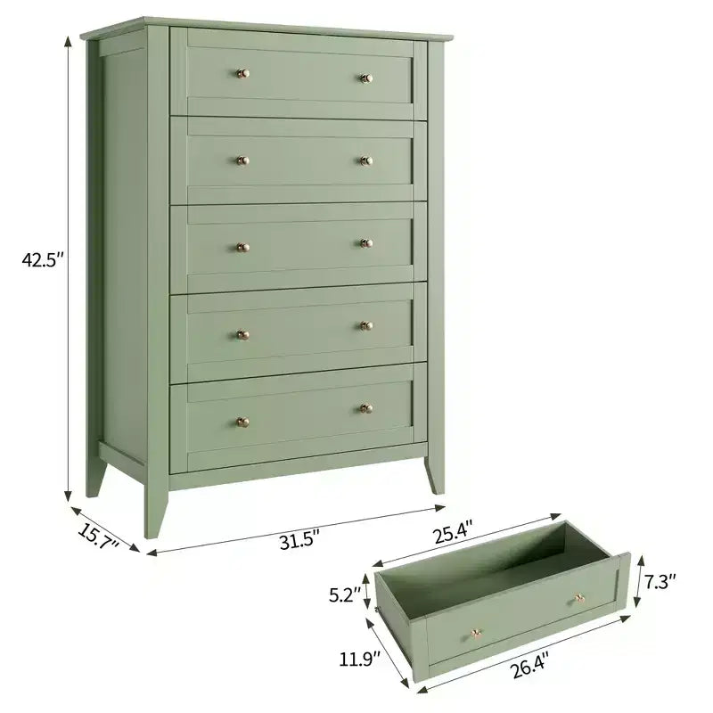 5-Schubladen-Kommode, 108 cm hoch, für das Schlafzimmer, Holzschrank mit 30 cm tiefen Schubladen und goldenen Metallgriffen, ideal für den Eingangsbereich oder Flur