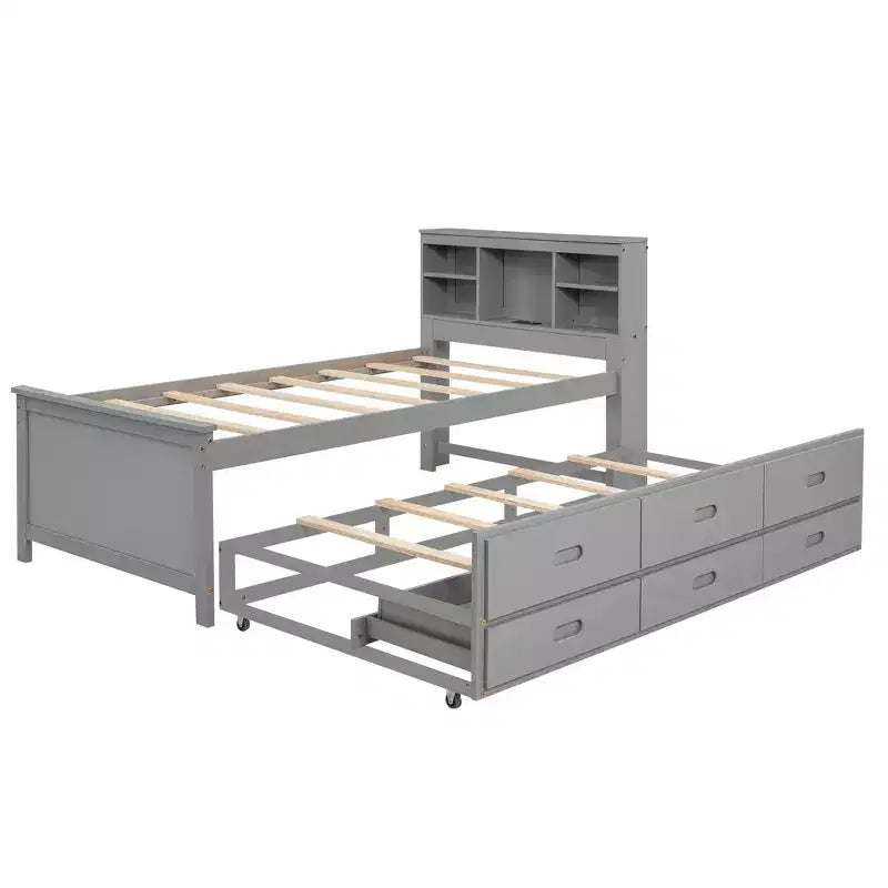 Plattformbett mit Rollbett und Schubladen, Stauraumbett mit USB-Anschluss, Holzbett mit Bücherregal