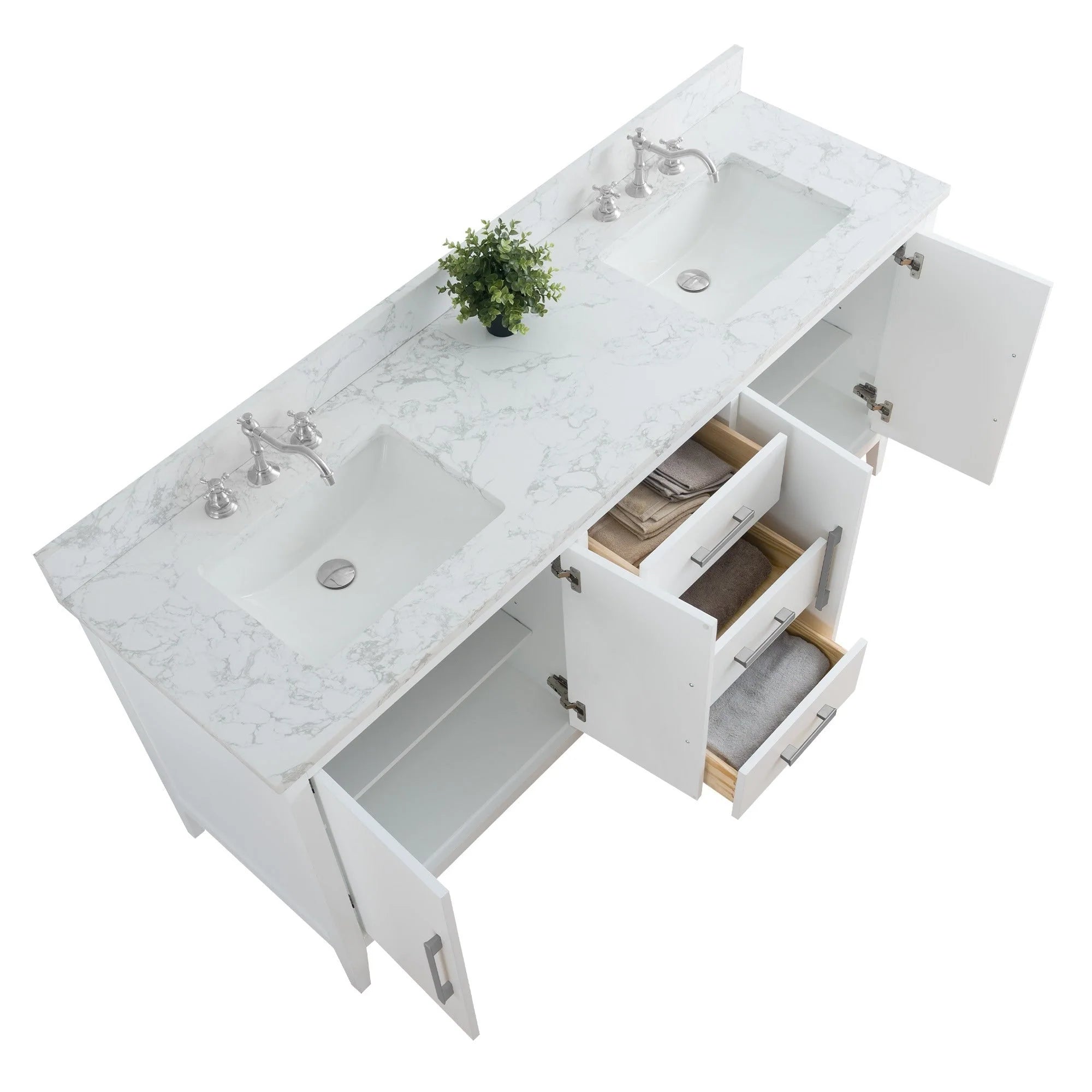 Vanity Art 72 Zoll Badezimmer-Waschtischunterschrank mit Doppelwaschbecken und Kunstmarmorplatte