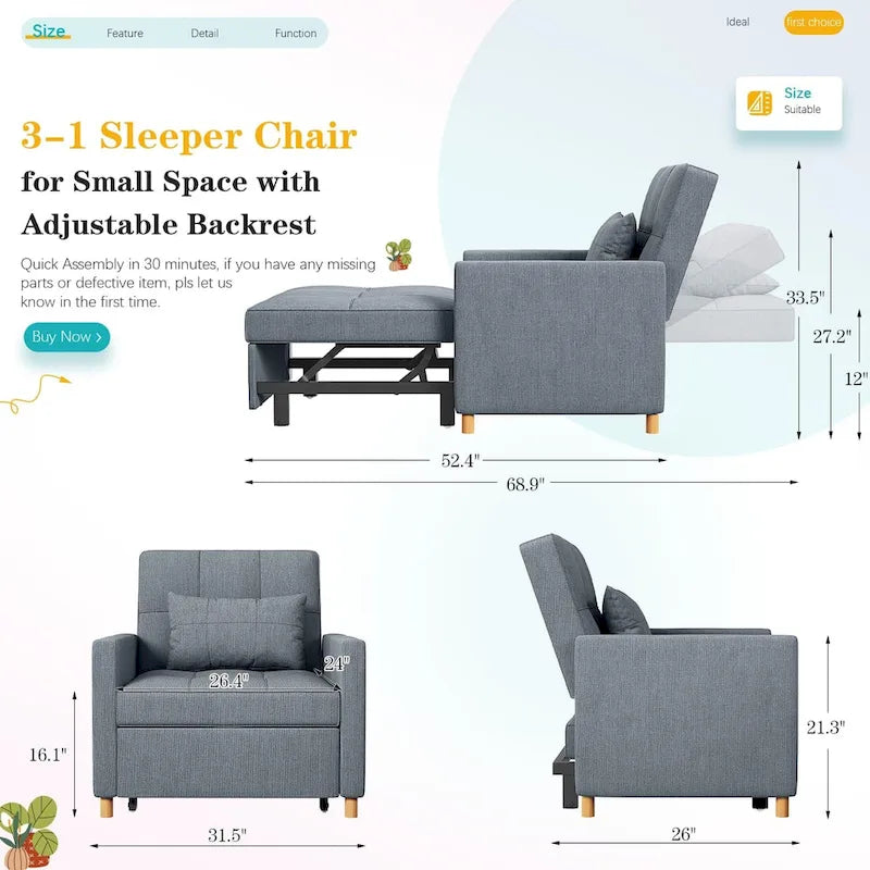 AECOJOY 3-in-1 Schlafsofasessel mit Kissen und verstellbarer Rückenlehne