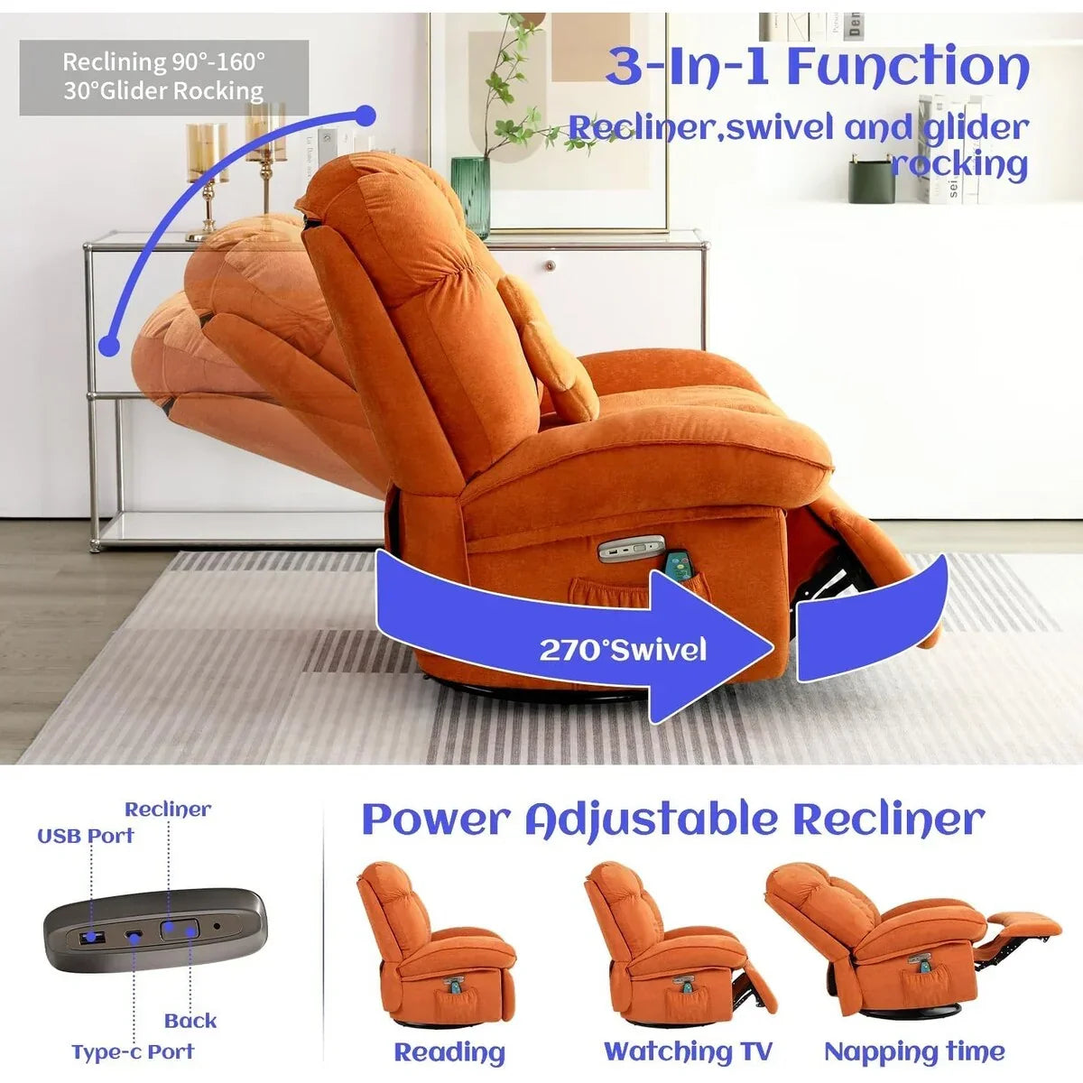 XINMICS Drehbarer elektrischer Relaxsessel, Massage-Schaukel-Liegesessel mit Heizfunktion, USB, USB-C und Seitentasche