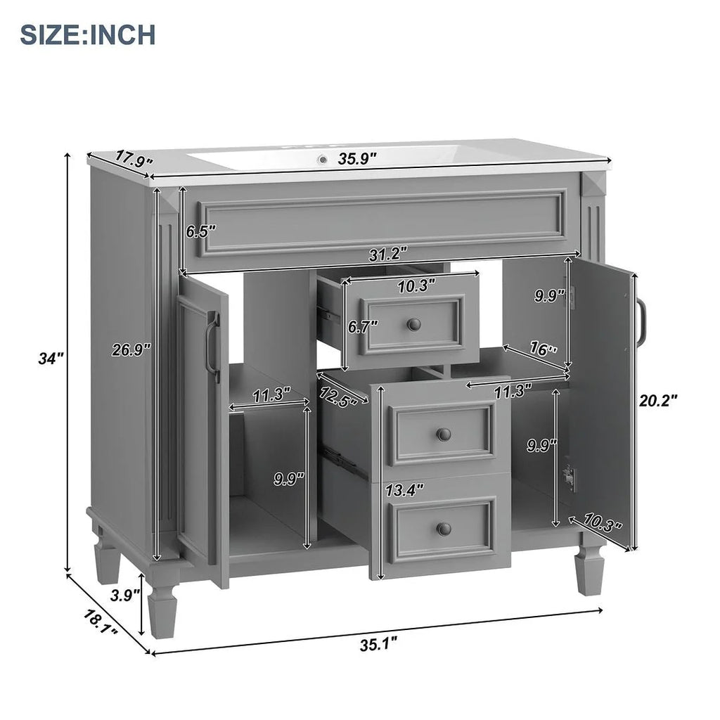 Moderner 36'' Badschrank mit Aufsatzwaschbecken und Spiegelschrank, 2 Türen und 2 Schubladen