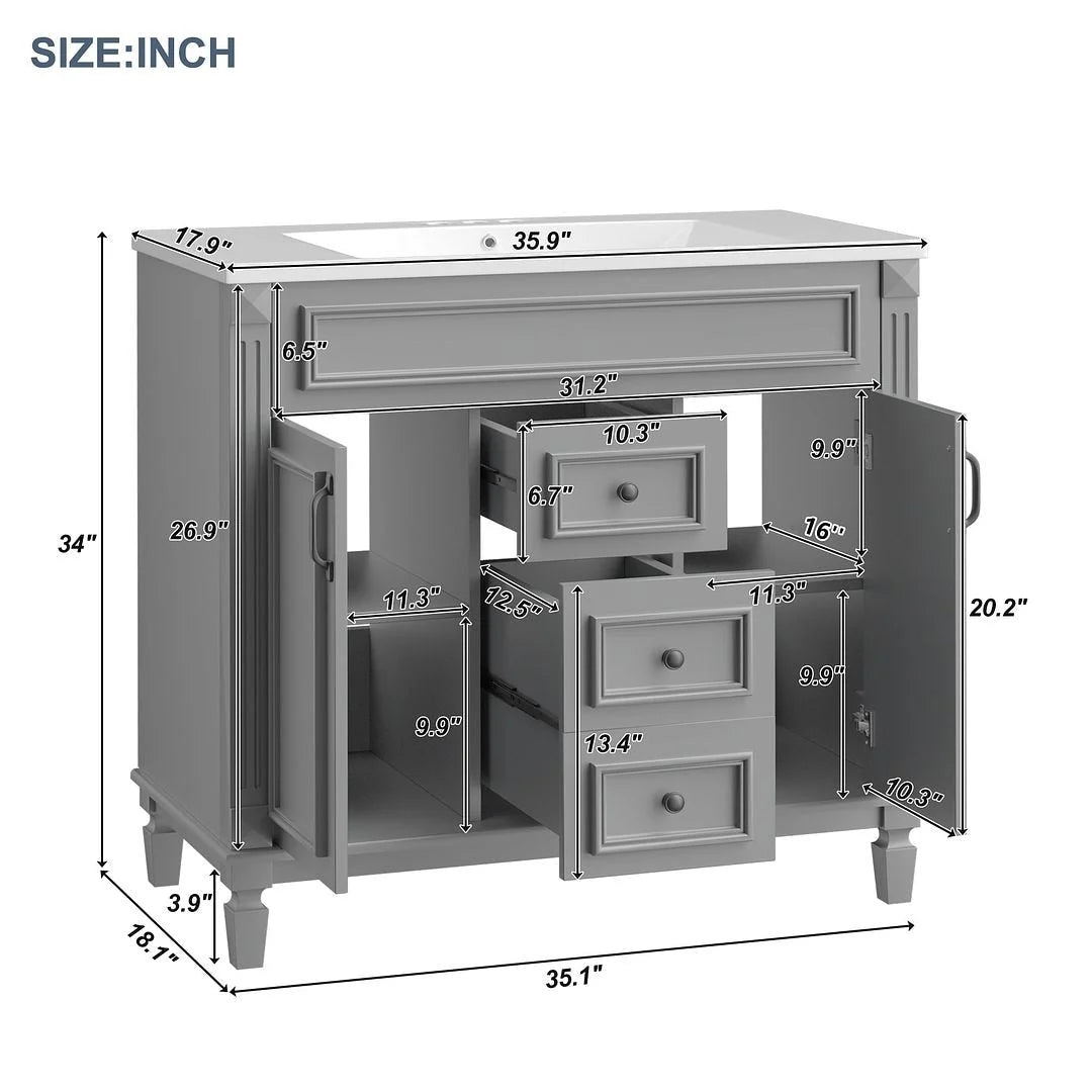 Moderner 36'' Badschrank mit Aufsatzwaschbecken und Spiegelschrank, 2 Türen und 2 Schubladen