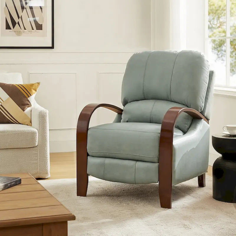 Alex Mid-Century Modern Zigarren-Sessel aus echtem Leder mit manueller Relaxfunktion und geschwungenen Holzarmlehnen