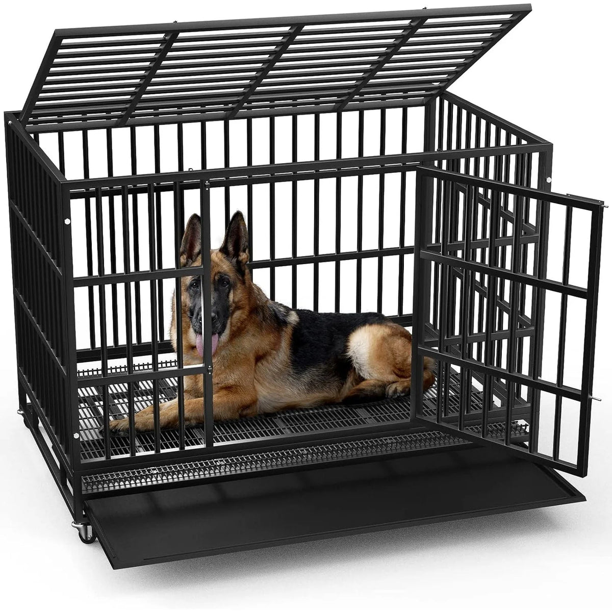 BOSSIN 48/38 Zoll Schwerlast-Hundebox, unverwüstlich, ausbruchsicher, mit feststellbaren Rollen