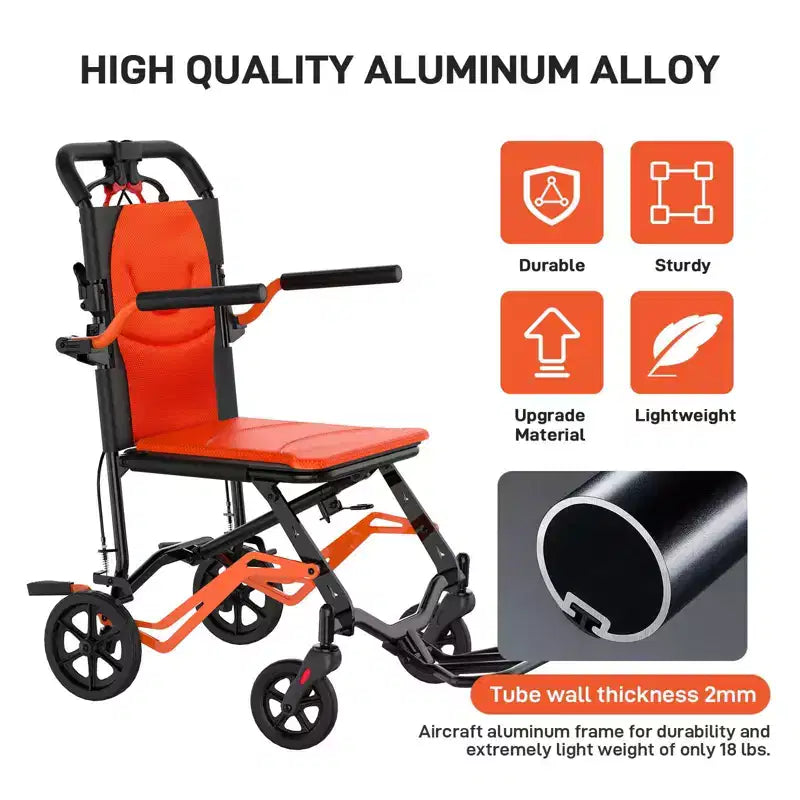 Ultraleichter faltbarer Transportrollstuhl, trägt 100 kg, 8,2 kg Aluminiumrahmen, 41,2 cm Sitz, abnehmbare Arm- und Fußstützen, Feststellbremse