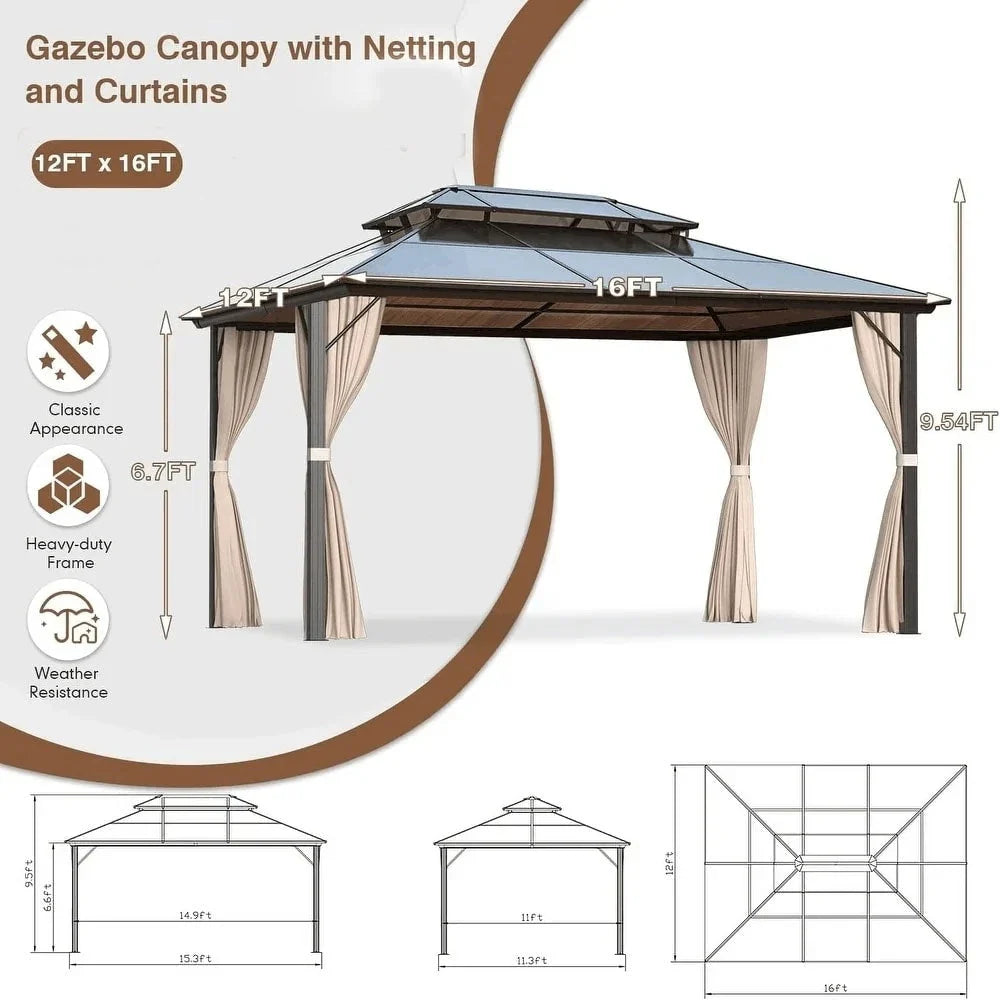 EROMMY Hardtop-Pavillon, Outdoor-Pergola mit Doppeldach & Netzen & Vorhängen, Hochleistungs-Canopy für Terrasse, Garten, Poolparty
