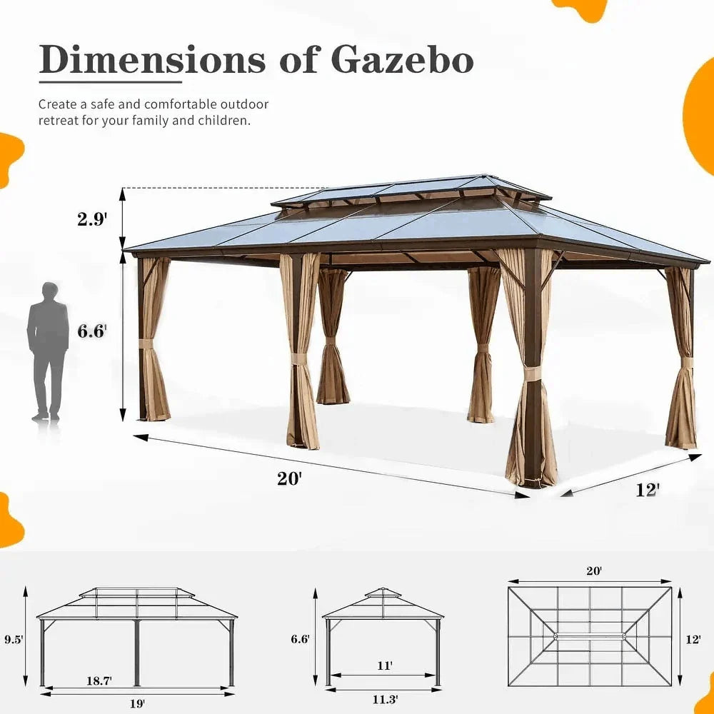 EROMMY Hardtop-Pavillon, Outdoor-Pergola mit Doppeldach & Netzen & Vorhängen, Hochleistungs-Canopy für Terrasse, Garten, Poolparty