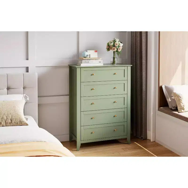 5-Schubladen-Kommode, 108 cm hoch, für das Schlafzimmer, Holzschrank mit 30 cm tiefen Schubladen und goldenen Metallgriffen, ideal für den Eingangsbereich oder Flur