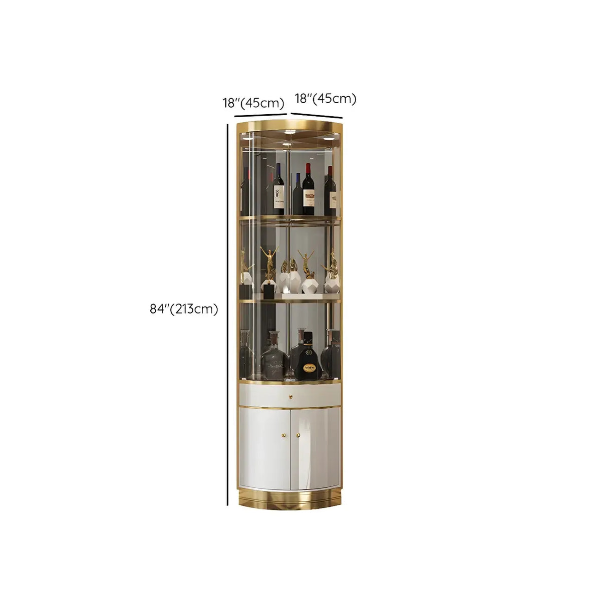 Glam Glossy Glas Gold Metall Abgerundete Display-Eckvitrine