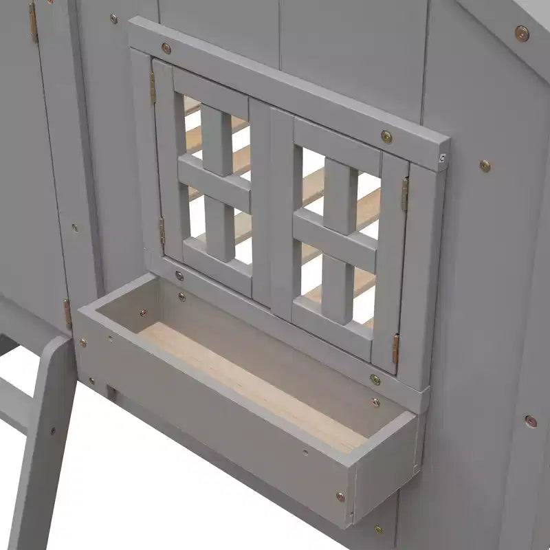 Doppel-Loftbett in Hausform, Holzspielhaus-Loftbett mit Leiter und Schutzgittern für Kinder