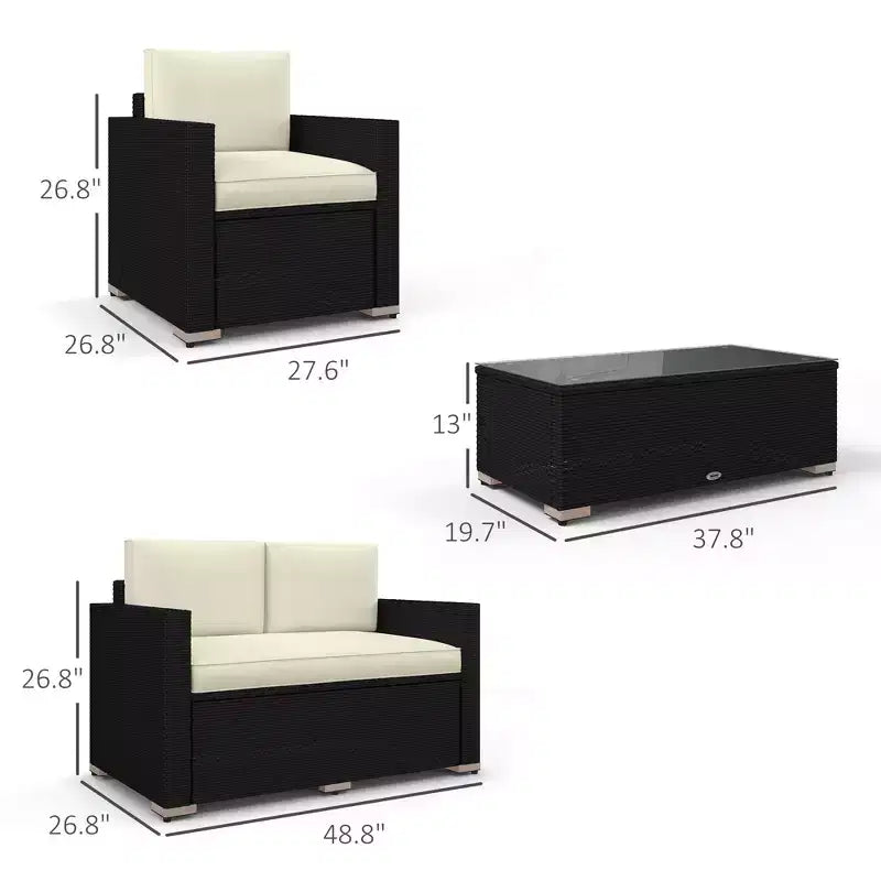 4-teiliges Rattan-Sofa-Set, Korbsessel-Set mit Zweisitzer, Couchtisch mit Glasplatte für Garten und Außenbereich