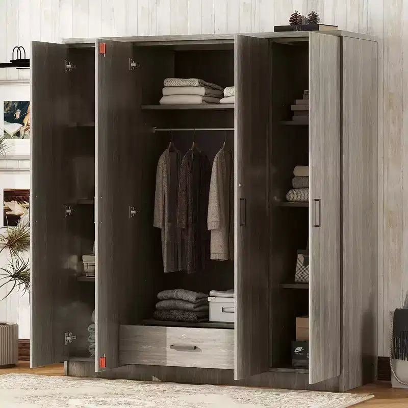 Holz-Kleiderschrank mit 4 Türen, Kleiderstange, 1 Schublade und Ablagefächern
