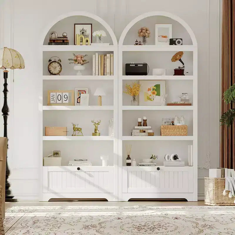 72" geschwungenes Bücherregal mit Aufbewahrungsschublade, modernes 6-stöckiges Holzregal mit offenen Fächern und unterer Schublade, gebogene Schranktür