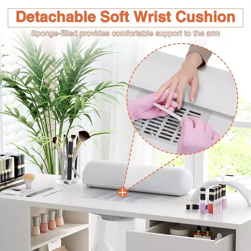 GustoWave 42,5 Zoll Manikürtisch Nagelstation mit Handauflage und Staubabsaugung, Nageltisch mit vertikal ausziehbarem Schrank, Weiß