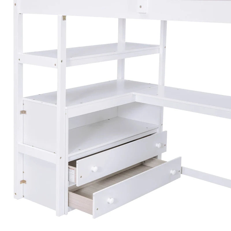 Etagenbett in Zwillingsgröße mit Schreibtisch und Regalen, zwei integrierten Schubladen, Treppe mit Stauraum
