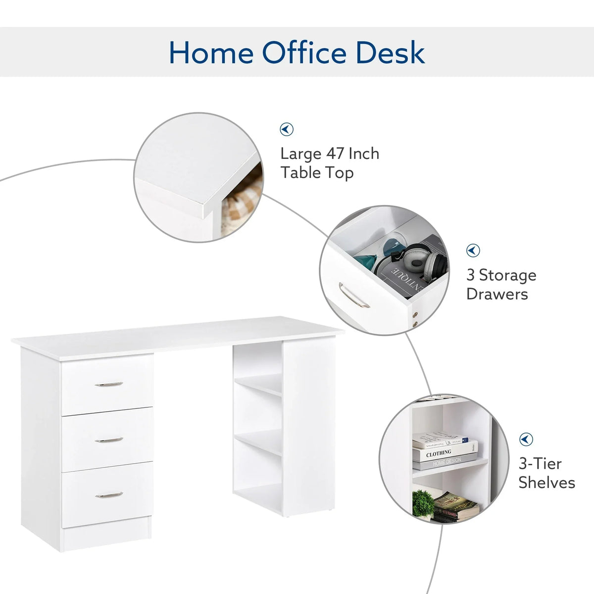 HOMCOM 47 Moderner Home-Office Computertisch Regal Kombination Schreibtisch Arbeitstisch mit 3 Schubladen und Ablagefach - Weiß