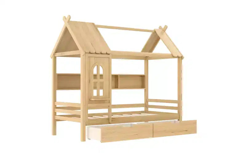Haus-Plattformbett mit Aufbewahrungsschubladen und Fenster, Massivholzrahmen mit Regalen, kindgerechtes, lustiges Design, Hellweiß