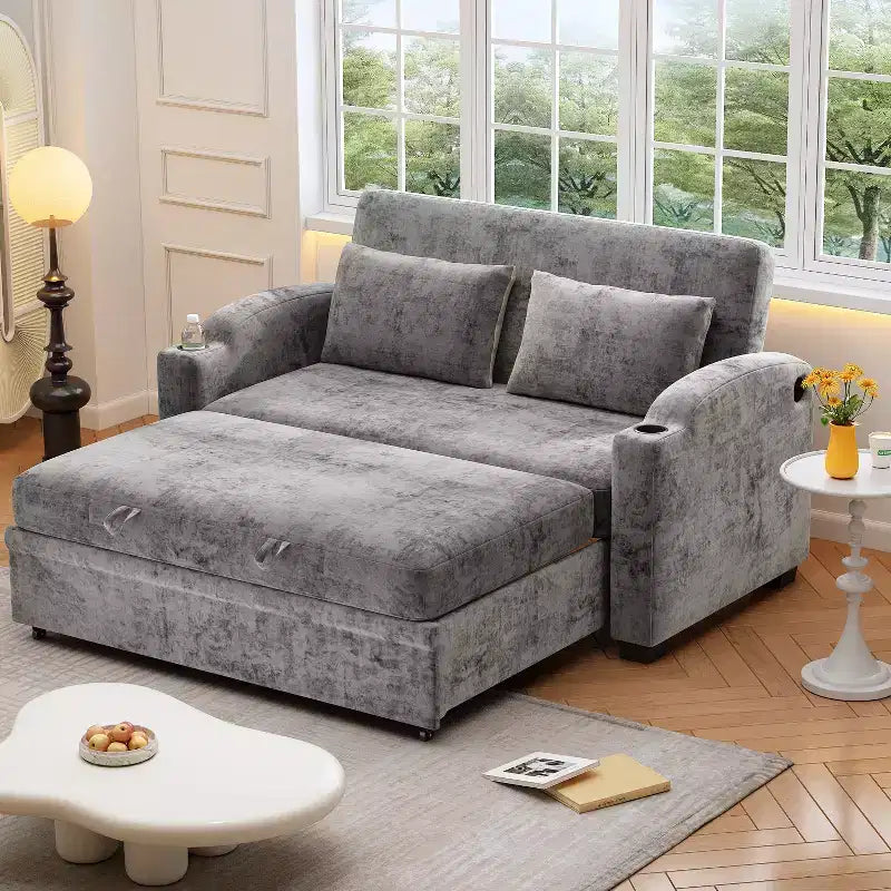 61.6 Modernes Chenille-Schlafsofa mit USB-Anschlüssen, Becherhaltern und verstellbarer Rückenlehne für Wohnzimmer, Apartment