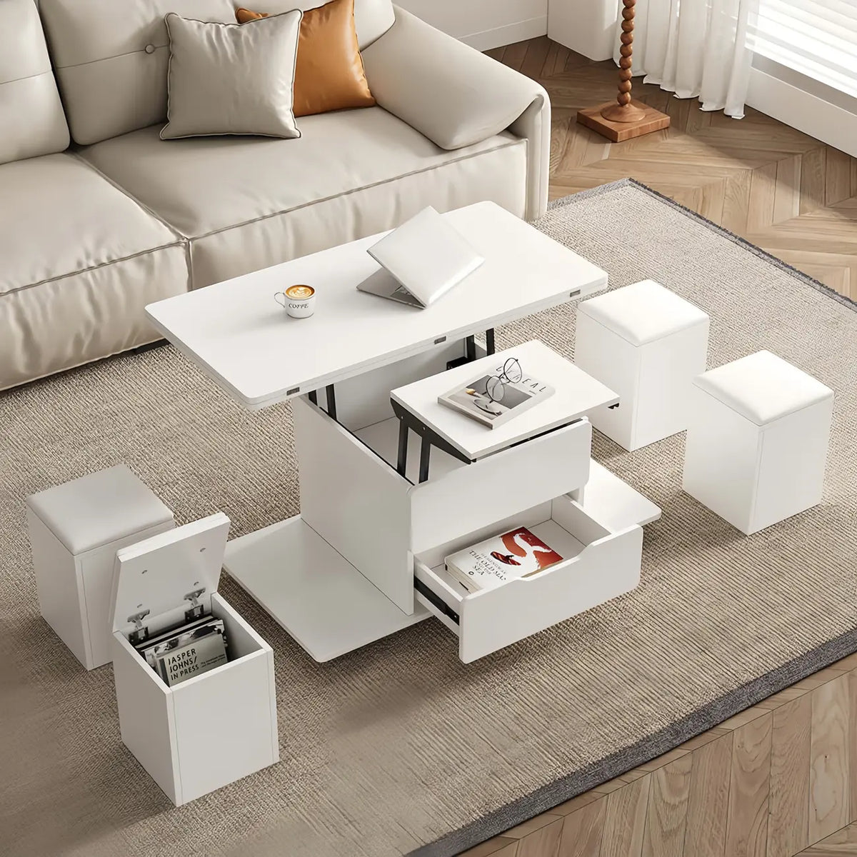 Klappbarer Couchtisch mit Liftfunktion, 4 Hockern und Stauraum