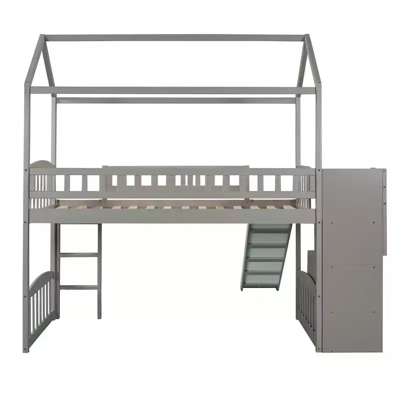 Doppelhaus-Hochbett mit Rutsche und Treppe, Hochbett mit Aufbewahrungsschubladen, Holzhaus-Hochbett für Kinder und Kleinkinder