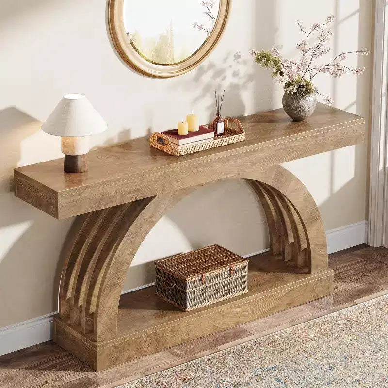 Lantine 63 Zoll Konsolentisch, 2-stöckiger Sofatisch für hinter das Sofa, schmaler einzigartiger Konsolentisch im Landhausstil mit Bogen für Flur, Wohnzimmer, Eingangsbereich, Natur