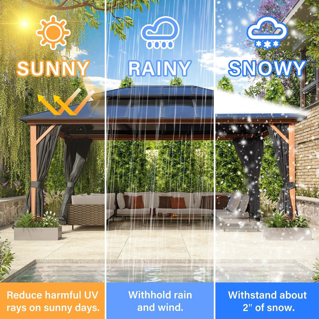 EROMMY Hardtop-Pavillon, Outdoor-Pergola mit Doppeldach & Netzen & Vorhängen, Hochleistungs-Canopy für Terrasse, Garten, Poolparty