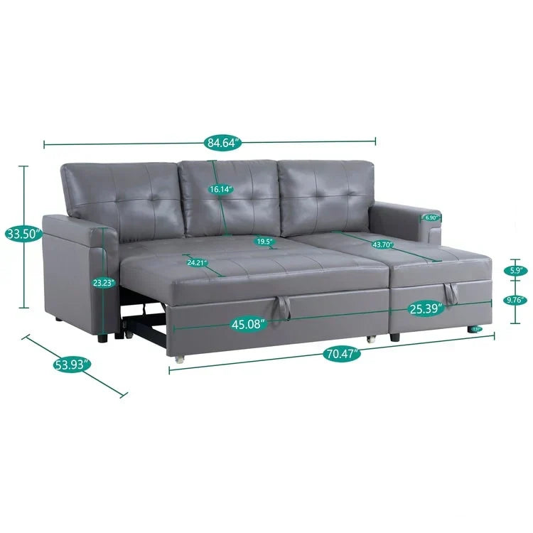 Verwandelbares, umbaubares Ecksofa mit ausziehbarem Schlafsofa, versteckter Aufbewahrung in der Récamiere und robusten Beinen