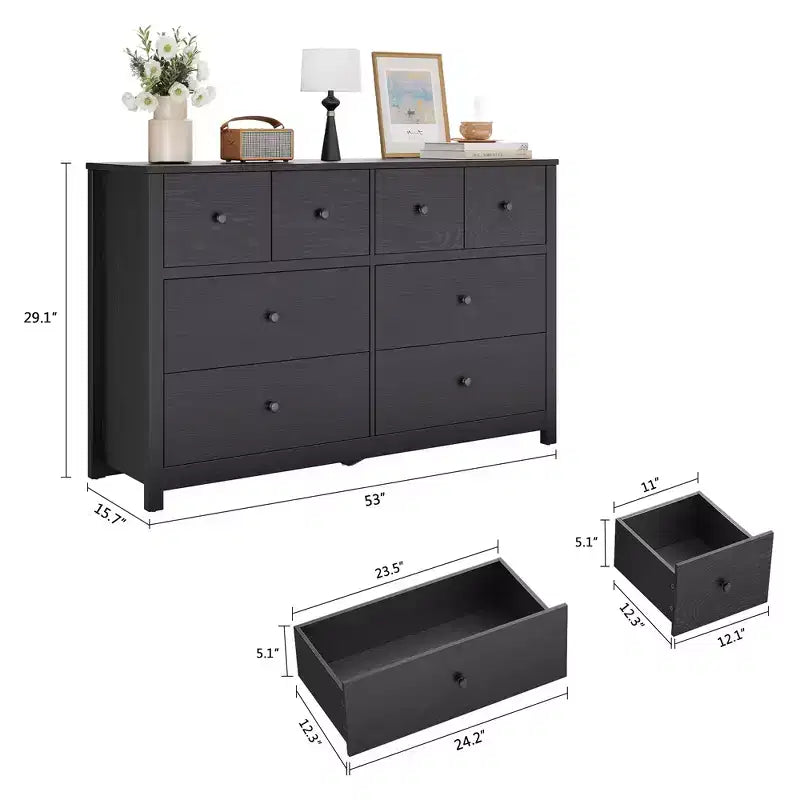 Moderne Kommode mit 8 Schubladen für das Schlafzimmer, breite Holzkommode mit viel Stauraum, freistehender Organizer-Schrank für das Wohnzimmer