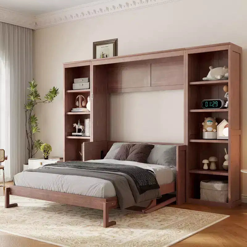 Wandklappbett für Doppel-/Queensize-Betten, platzsparendes Wandbett mit Schreibtisch und Bücherregal, Dunkelbraun – ModernLuxe