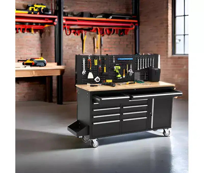61 Zoll 10-Schubladen Rollender Werkzeugkasten & Garagen-Werkbank mit Steckdosenleiste, Massivholzplatte aus Gummi, 1675 LBS Tragkraft Schwerlast-Mobile Arbeitsstation Schrank