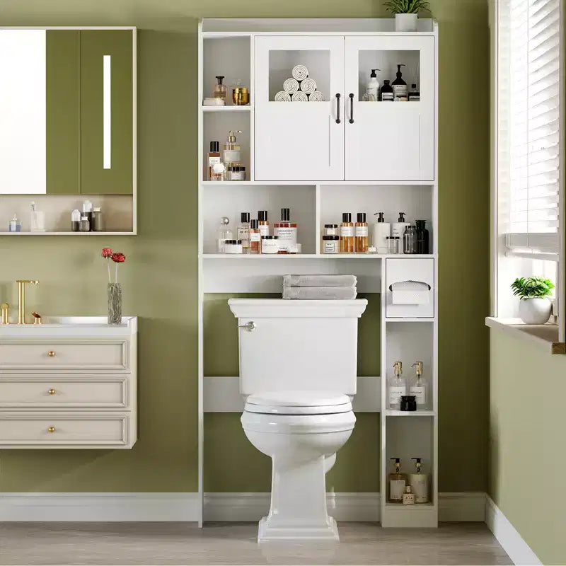 Badezimmerschrank über der Toilette – 171 cm hoher Badezimmer-Organizer im Landhausstil mit verstellbarem Regal und Glastür für Bad und Waschküche