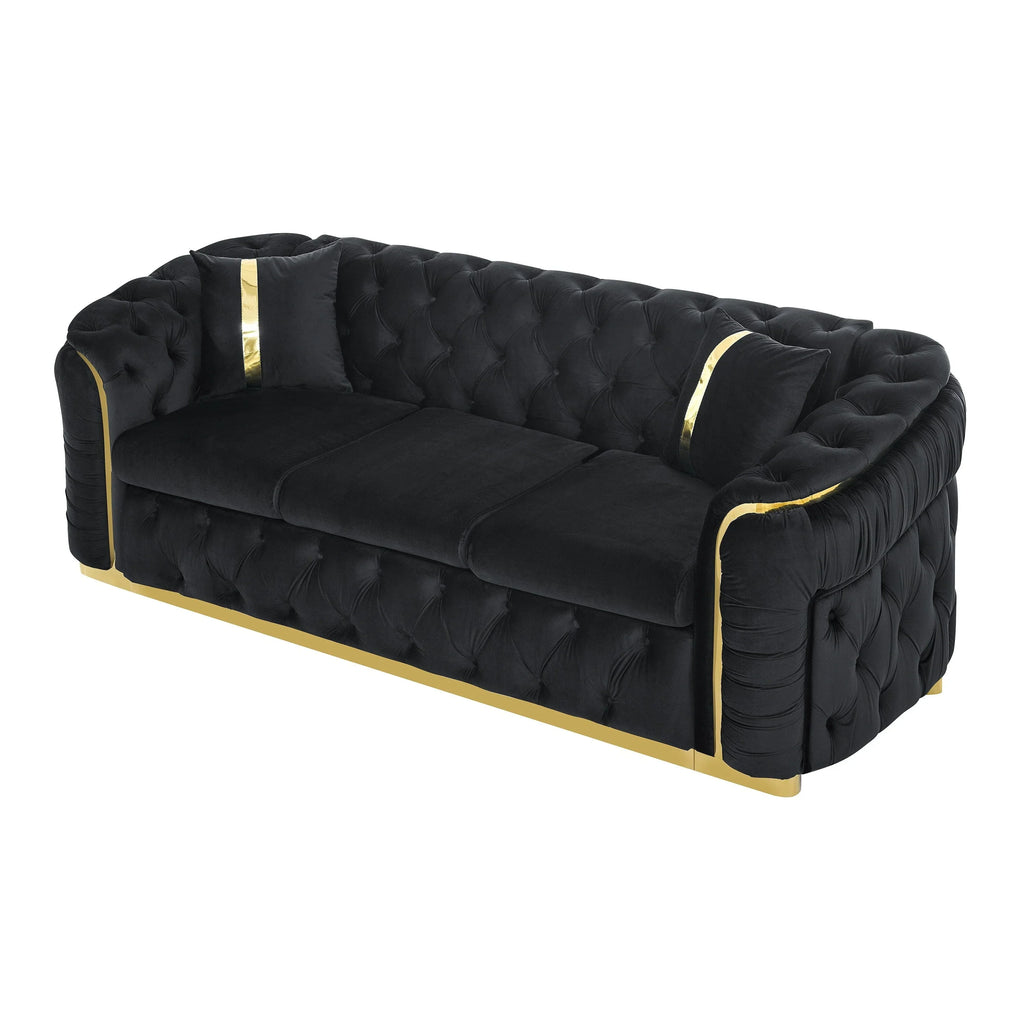 90.6 Samt-Dreisitzer-Sofa mit 2 Kissen, hochdichten Polstern, goldenen Akzenten und Kissen