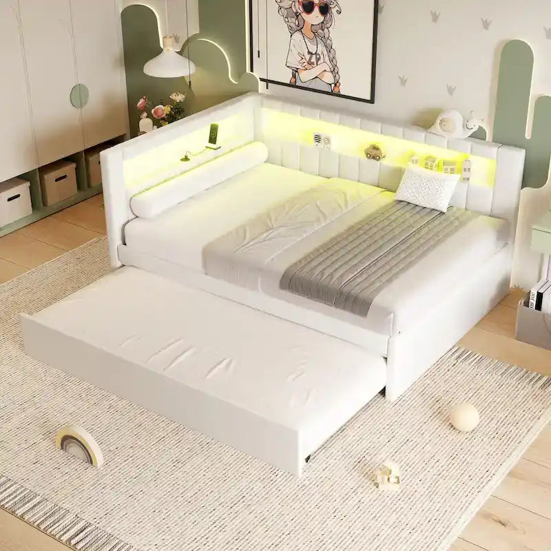 Gepolstertes Plattformbett mit USB-Anschlüssen & LED-Beleuchtung – Einzel-/Doppelbettgestell mit 2 Schubladen – Modernes Schlafzimmer