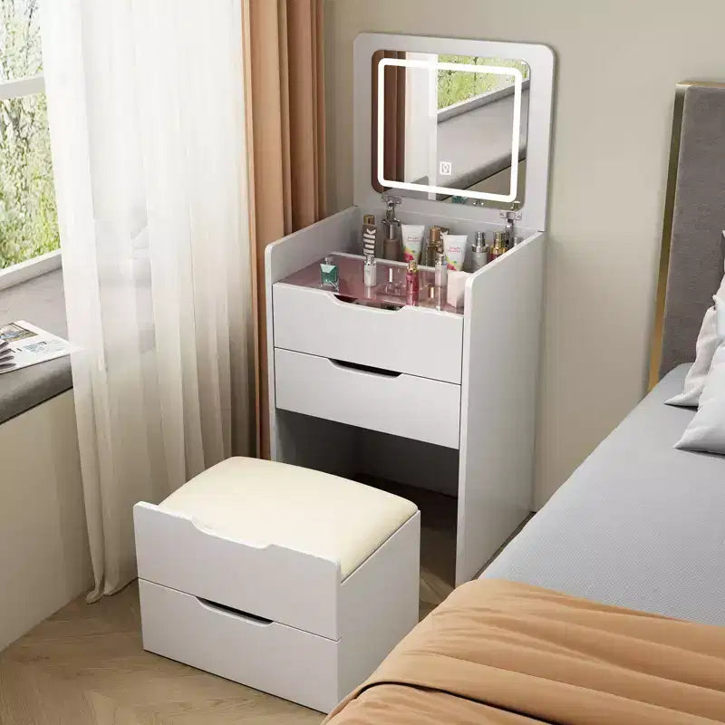Okak 3-in-1 Schminktisch mit Klappspiegel, kompakter Waschtisch mit sichtbarer Glasplatte und gepolstertem Hocker, Schminktisch für das Schlafzimmer