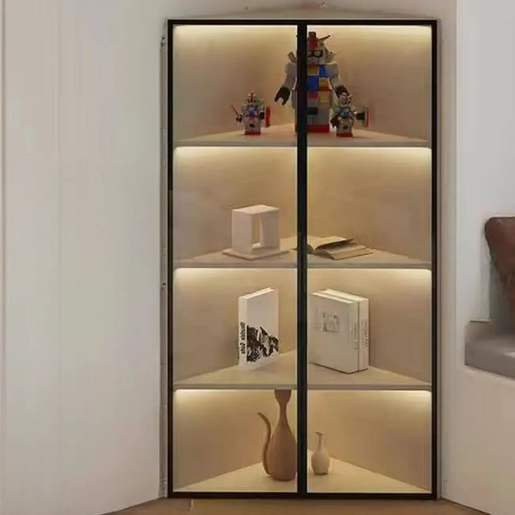 Modernes graues Eck-Standregal aus Metall und Holz mit Glastür