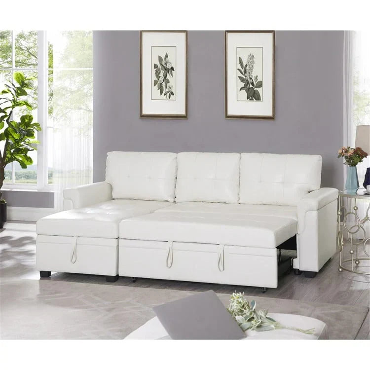 Verwandelbares, umbaubares Ecksofa mit ausziehbarem Schlafsofa, versteckter Aufbewahrung in der Récamiere und robusten Beinen