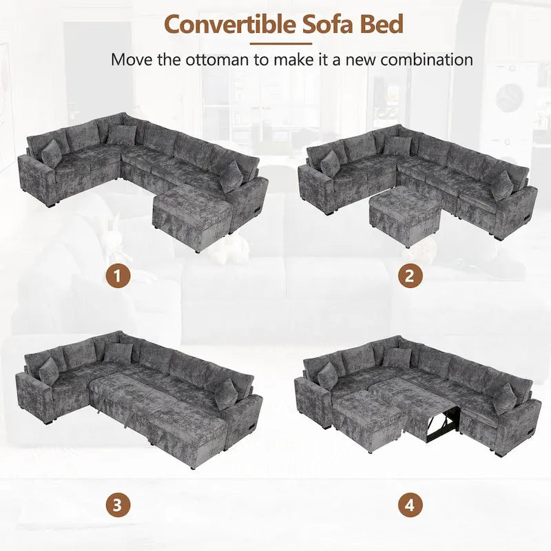 Chenille Ecksofa mit Ausziehfunktion, L-förmiges Schlafsofa mit Stauraum-Ottomane, 3 Kissen und Ladevorrichtungen