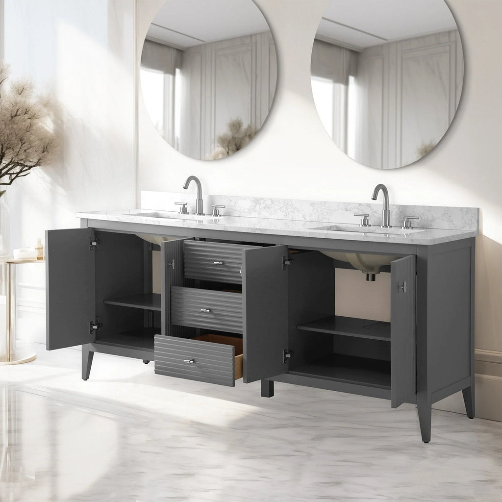Vanity Art 72 Zoll Badezimmer-Waschtischunterschrank mit Doppelwaschbecken und Kunstmarmorplatte