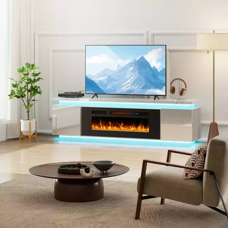 Skyzoo Elektrischer Kamin-TV-Ständer für Fernseher bis 80 Zoll mit LED-Beleuchtung & 4 Wechselstromsteckdosen, TV-Konsole für das Wohnzimmer
