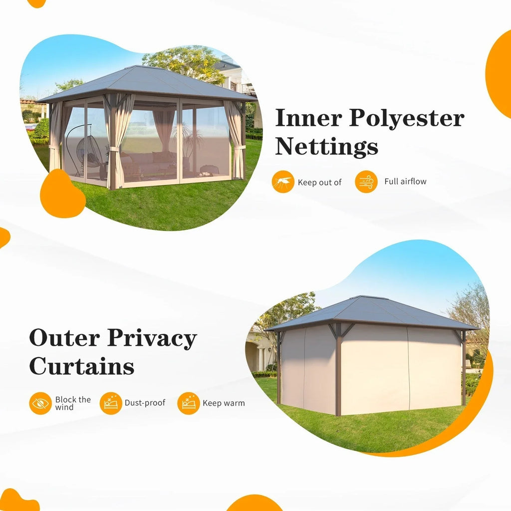 EROMMY Hardtop-Pavillon, Outdoor-Pergola mit Doppeldach & Netzen & Vorhängen, Hochleistungs-Canopy für Terrasse, Garten, Poolparty