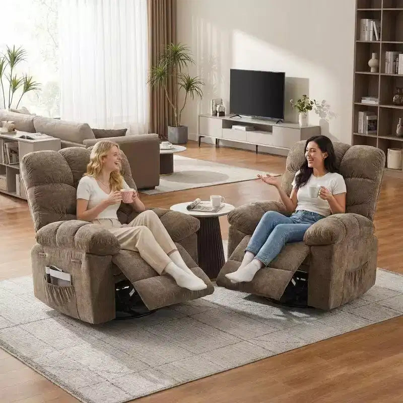 Massage-Liegesessel mit Heizfunktion – 360° drehbarer Schaukelstuhl, überdimensioniertes Einzelsitzer-Sofa mit Vibration, USB-Anschluss und Aufbewahrungstaschen für Wohnzimmer/Schlafzimmer