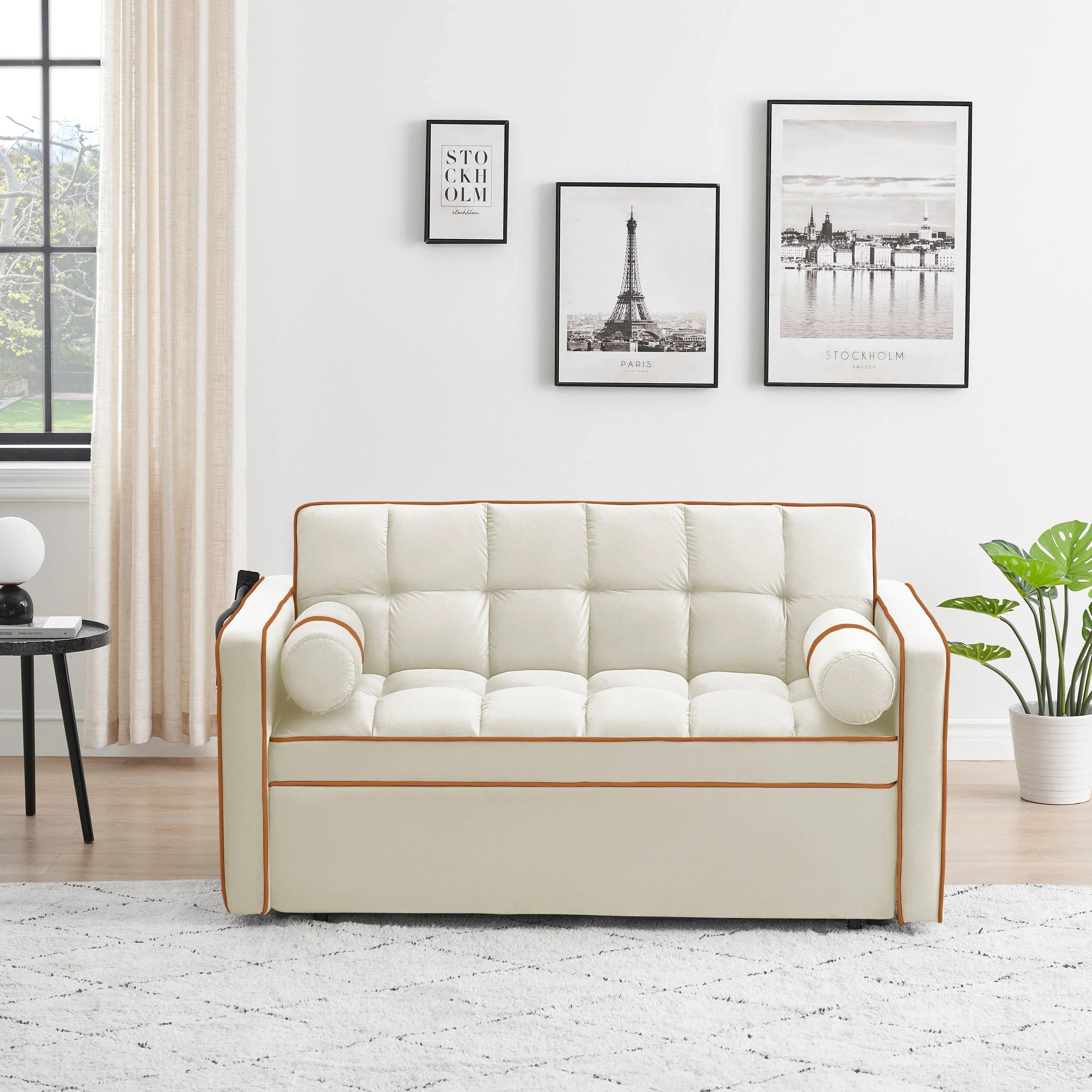 Samt-Schlafsofa zum Umbauen, 140 cm, 2-Sitzer, mit Ausziehbett, verstellbarer Rückenlehne, Seitentaschen und Handyhalterung